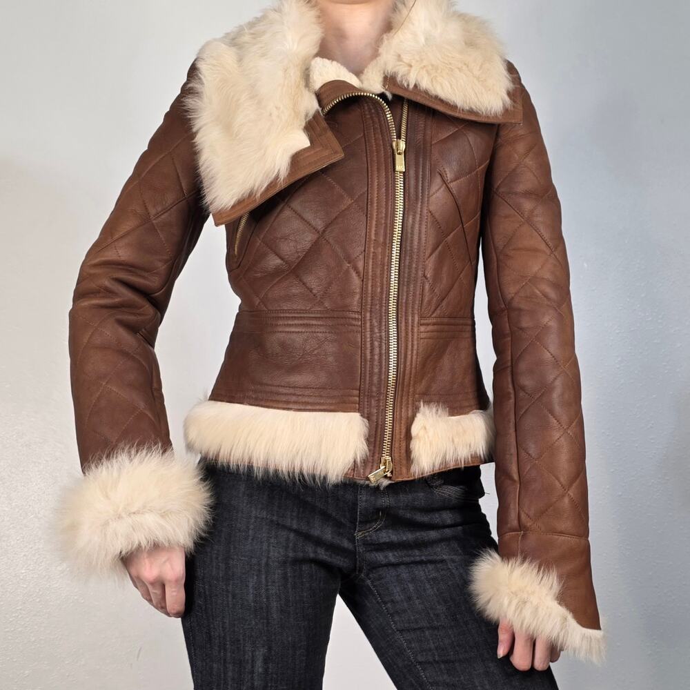 Michael Kors Collection Quilted Lamb Shearling Fur Moto Jacket Brown Size XS